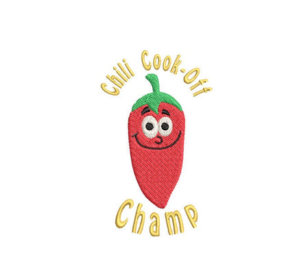 Chili Cook-Off Champ Machine Embroidery Design, chili embroidery design, chili apron pattern, chili champion design