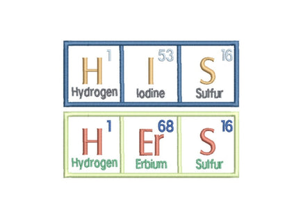 HIS and HERS Periodic Table of Elements Embroidery Design, 2 sizes, 4x4, 5x7 hoop, Bath Towel Embroidery