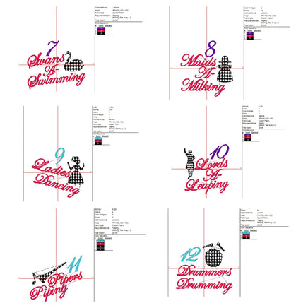 12 Days of Christmas Embroidery Design, Quick Stitch, 4x4 and 5x7 hoop, 12 Days of Christmas machine embroidery design