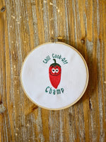 Chili Cook-Off Champ Machine Embroidery Design, chili embroidery design, chili apron pattern, chili champion design