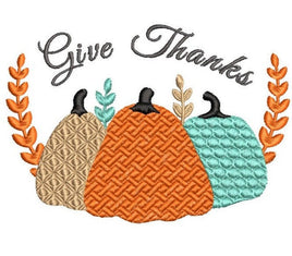 Give Thanks Thanksgiving Machine Embroidery Design, Three Pumpkin Design - sproutembroiderydesigns