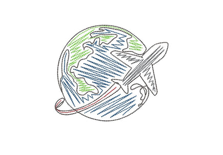 World Travel Globe Machine Embroidery Design, Plane embroidery, bon voyage - sproutembroiderydesigns