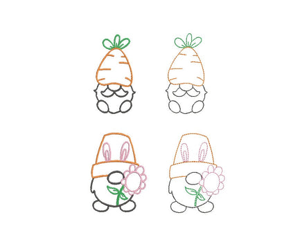 Collection of Easter Gnomes Machine Embroidery Design, 2 designs each, Quick Stitch Gnome Carrot Embroidery - sproutembroiderydesigns