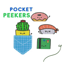 Pocket Peepers Machine Embroidery Designs, 4 Pocket designs, sushi, credit card, cactus and donut designs