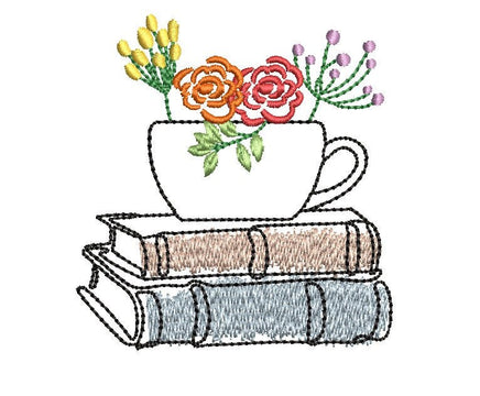 Tea Cup with Stack of Books Machine Embroidery Design, Coffee Book Embroidery Design, Quick Stitch - sproutembroiderydesigns