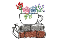 Tea Cup with Stack of Books Machine Embroidery Design, Coffee Book Embroidery Design, Quick Stitch - sproutembroiderydesigns