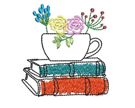 Tea Cup with Stack of Books Machine Embroidery Design, Coffee Book Embroidery Design, Quick Stitch