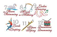 Twelve Days of Christmas Embroidery Design, Quick Stitch, 4x4 and 5x7 hoop, 12 Days of Christmas