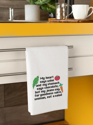 My heart says wine and my stomach says chocolate Embroidery Design, 2 sizes, Eat a salad funny design, kitchen towel embroidery