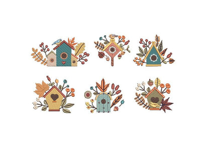 Autumn Birdhouse Embroidery Design, Set of 6, Fall Birdhouse Machine Embroidery Design, 4x4 hoop, Birdwatcher embroidery design - sproutembroiderydesigns