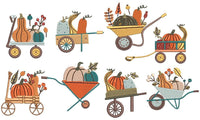 Autumn Wheelbarrow Embroidery Design, Set of 6, Fall Wheelbarrow Machine Embroidery Design, 4x4 hoop, Gardener embroidery design