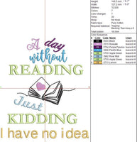 A Day Without Reading, Just Kidding Book Embroidery Design, Book Club Quick Stitch - sproutembroiderydesigns