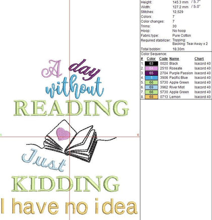 A Day Without Reading, Just Kidding Book Embroidery Design, Book Club Quick Stitch - sproutembroiderydesigns