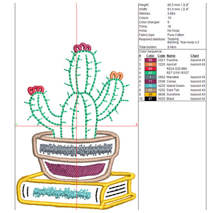 Cactus Book Embroidery Design, Book Club Gift Design - sproutembroiderydesigns