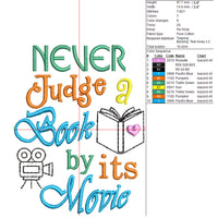 Never Judge A Book By Its Movie Embroidery Design, Book Lover embroidery Quick Stitch, Book Club - sproutembroiderydesigns