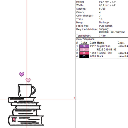 Stack of Books and a Cozy Mug Machine Embroidery Design, Coffee Book Embroidery Design, Quick Stitch - sproutembroiderydesigns