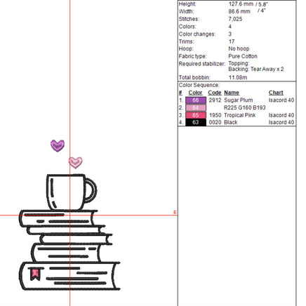 Stack of Books and a Cozy Mug Machine Embroidery Design, Coffee Book Embroidery Design, Quick Stitch - sproutembroiderydesigns
