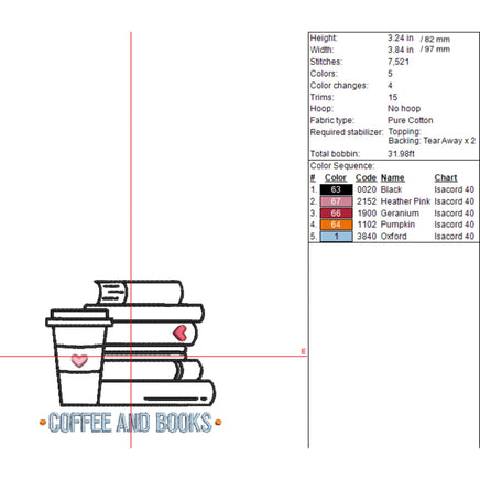 Coffee and Books Machine Embroidery Design, Stack of Books Embroidery Design, Quick Stitch - sproutembroiderydesigns