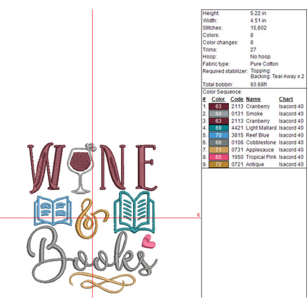 Wine and Books Embroidery Design, Book Club Embroidery Design Quick Stitch - sproutembroiderydesigns