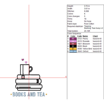 Stack of Books and a Cup a Tea Machine Embroidery Design, Tea Lover Embroidery Design, Quick Stitch
