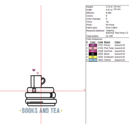 Stack of Books and a Cup a Tea Machine Embroidery Design, Tea Lover Embroidery Design, Quick Stitch
