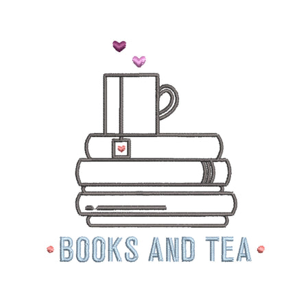 Stack of Books and a Cup a Tea Machine Embroidery Design, Tea Lover Embroidery Design, Quick Stitch