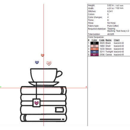 Stack of Books and a Cup a Tea Machine Embroidery Design, Book Embroidery Design, Quick Stitch