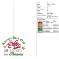 Santa's Book Club Embroidery Design, All Booked Up Embroidery Design, Christmas Design