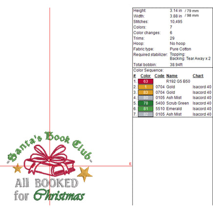 Santa's Book Club Embroidery Design, All Booked Up Embroidery Design, Christmas Design