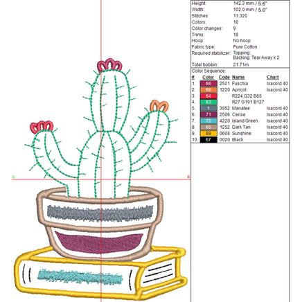 Cactus Book Embroidery Design, Book Club Gift Design - sproutembroiderydesigns