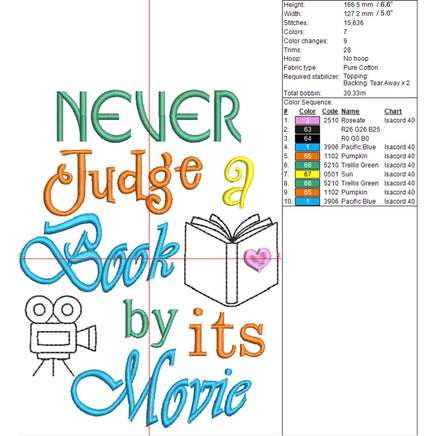 Never Judge A Book By Its Movie Embroidery Design, Book Lover embroidery Quick Stitch, Book Club - sproutembroiderydesigns
