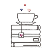 Stack of Books and a Cup a Tea Machine Embroidery Design, Book Embroidery Design, Quick Stitch