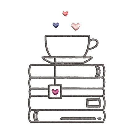 Stack of Books and a Cup a Tea Machine Embroidery Design, Book Embroidery Design, Quick Stitch