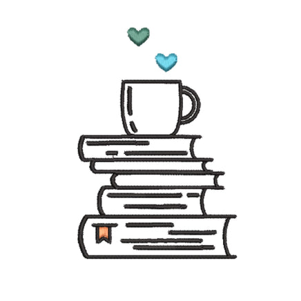 Stack of Books and a Cozy Mug Machine Embroidery Design, Coffee Book Embroidery Design, Quick Stitch