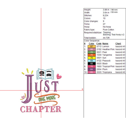Just One More Chapter Book Embroidery Design, Book Club Quick Stitch - sproutembroiderydesigns