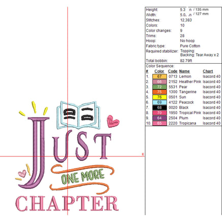 Just One More Chapter Book Embroidery Design, Book Club Quick Stitch - sproutembroiderydesigns