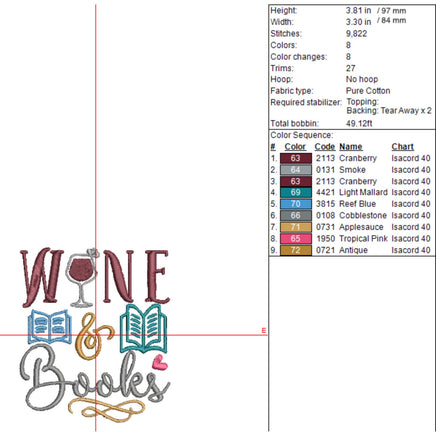 Wine and Books Embroidery Design, Book Club Embroidery Design Quick Stitch - sproutembroiderydesigns