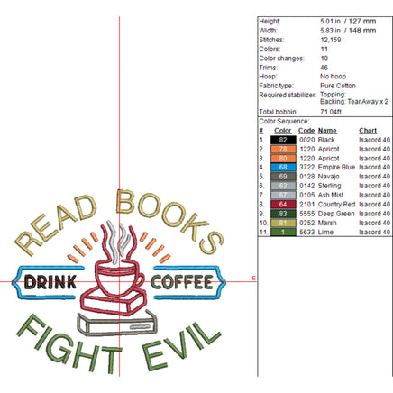 Read Books, Drink Coffee, Fight Evil Embroidery Design, Book Club Embroidery Design Quick Stitch - sproutembroiderydesigns