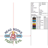 Read Books, Drink Coffee, Fight Evil Embroidery Design, Book Club Embroidery Design Quick Stitch - sproutembroiderydesigns