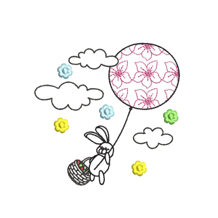 Flower Balloon Easter Bunny Machine Embroidery Design, 2 Sizes, Easter Embroidery Design, 4x4 hoop, 5x7 hoop, quick stitch - sproutembroiderydesigns