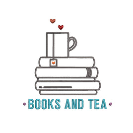 Stack of Books and a Cup a Tea Machine Embroidery Design, Tea Lover Embroidery Design, Quick Stitch - sproutembroiderydesigns