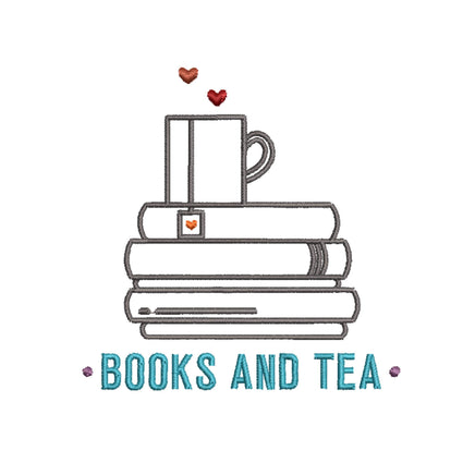 Stack of Books and a Cup a Tea Machine Embroidery Design, Tea Lover Embroidery Design, Quick Stitch