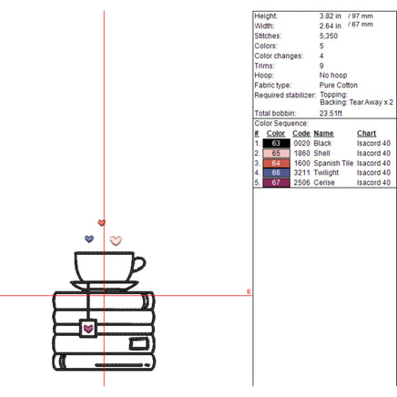 Stack of Books and a Cup a Tea Machine Embroidery Design, Book Embroidery Design, Quick Stitch