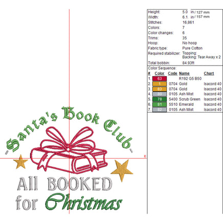 Santa's Book Club Embroidery Design, All Booked Up Embroidery Design, Christmas Design