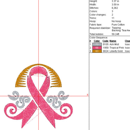 Ornate Cancer Ribbon Machine Embroidery Design, Breast Cancer Embroidery Design - sproutembroiderydesigns