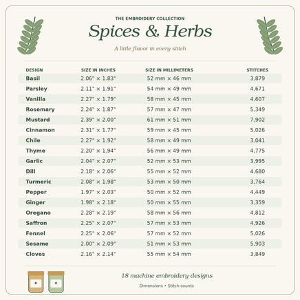 Herbs and Spices Embroidery Design, 18 Designs, Rosemary, Basil, Ginger, Chili Pepper, Garlic, Thyme, Vanilla Machine Embroidery Designs - sproutembroiderydesigns