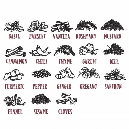 Herbs and Spices Embroidery Design, 18 Designs, Rosemary, Basil, Ginger, Chili Pepper, Garlic, Thyme, Vanilla Machine Embroidery Designs - sproutembroiderydesigns