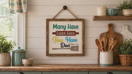 Many Have Eaten Here few Have Died Machine Embroidery Design, 2 sizes, funny towel embroidery design