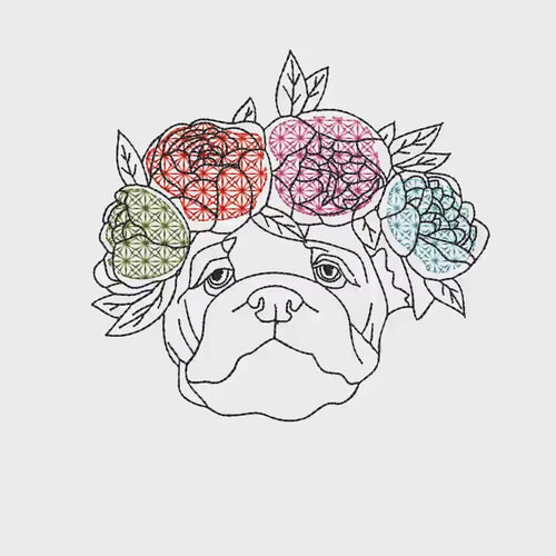 Flower Bulldog Machine Embroidery Design, 2 Sizes, Dog Embroidery Design