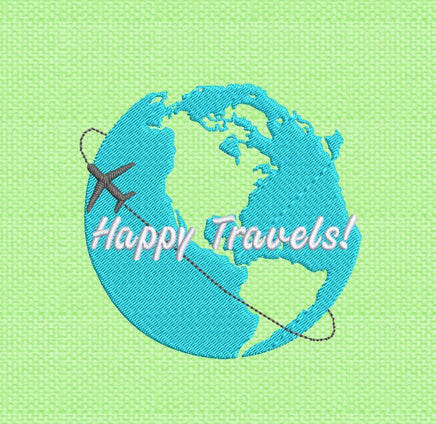 Happy Travels World Globe Machine Embroidery Design - sproutembroiderydesigns